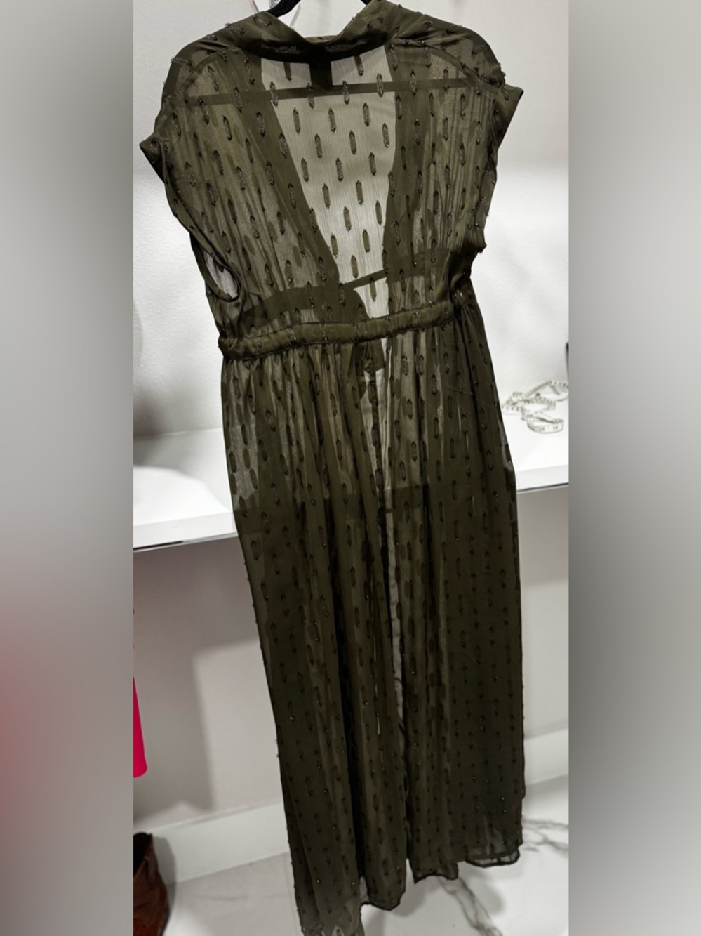 Express Olive Sheer kimono coverup with Textured Dot Detail